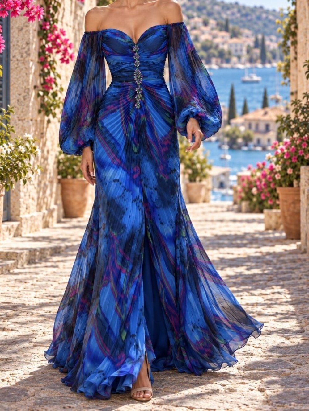 Blue Boho Women's Off-Shoulder Long Sleeve Split Maxi Dress